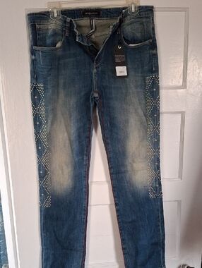 Brockenbow New  Studs  On Side  Blue Denim Jeans - Straight Leg
